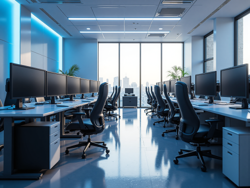 中泽科技公司办公环境,现代化办公室,员工正在工作,蓝色背景